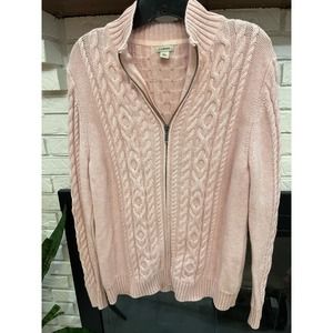 L.L. Bean Pink Cable Knit Zip up Cardigan Sweater **SZ Large**